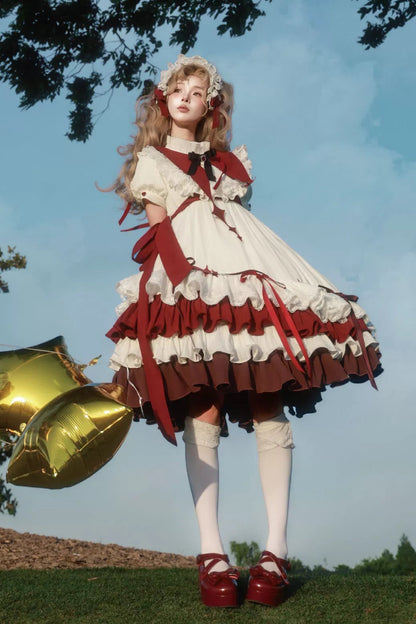 【8月29日予約締切】White x Burgundy / Blue x Black Gothic Doll Lolita Witch Asymmetrical Ruffle Dress Full Set （with Pointed Collar + Bow Tie + Waist Belt）