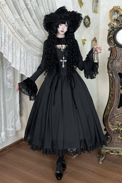 【12月13日予約締切】ダークゴシックローズエンブロイダリーブラックベルベットドレス＋ヘッドバンド