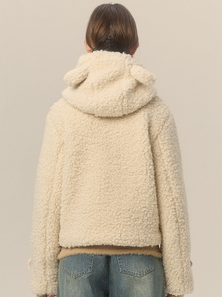 Bear Hooded Horn Button Short Lamb Wool Coat