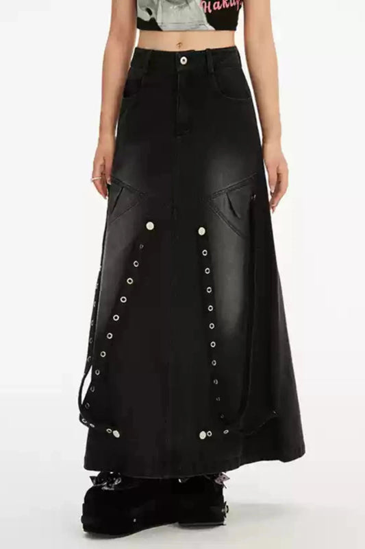 Black metallic accent a line denim skirt