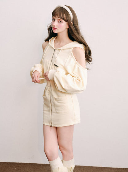 Cream Casual Sporty Hooded Dress