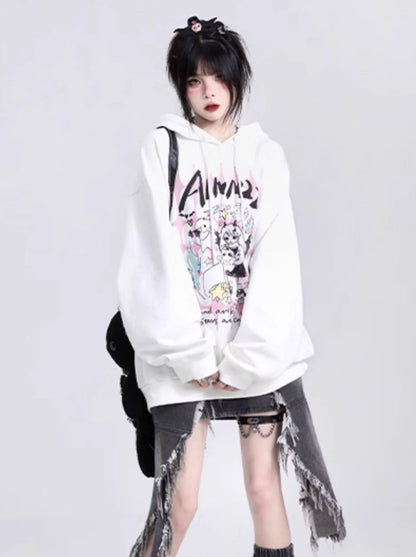 White Devil Print Oversized Hoodie Pullover