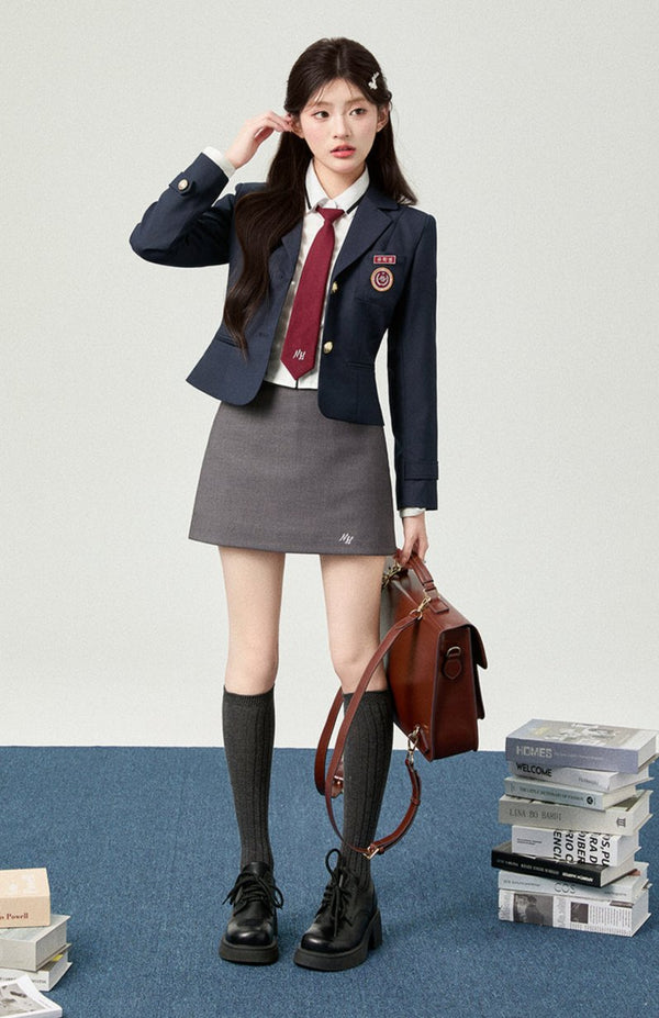 College Badge JK Blazer + White Shirt + Gray Hip Skirt