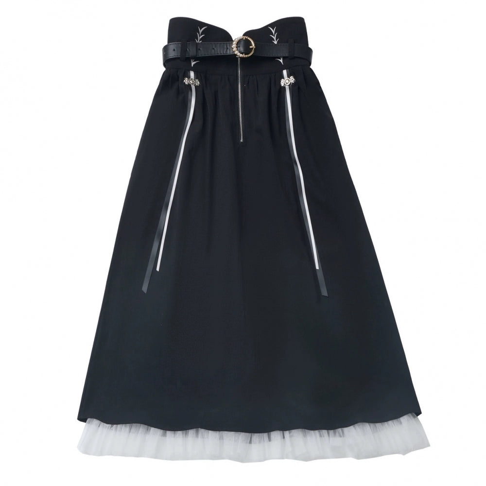 ダークモードスクエアネックカーディガン+シャツ+ロングスカート