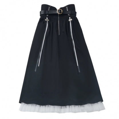 ダークモードスクエアネックカーディガン+シャツ+ロングスカート