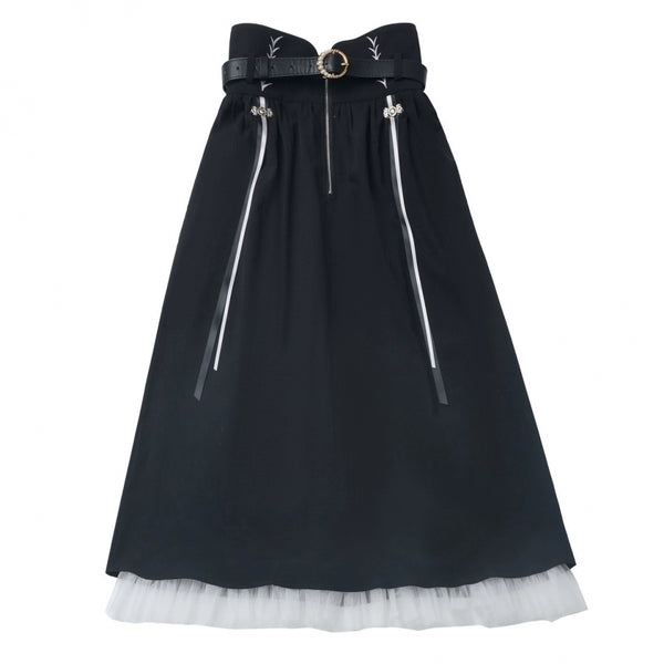 ダークモードスクエアネックカーディガン+シャツ+ロングスカート