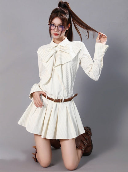 Retro Stripe High Waist Pleated Shirt Dress