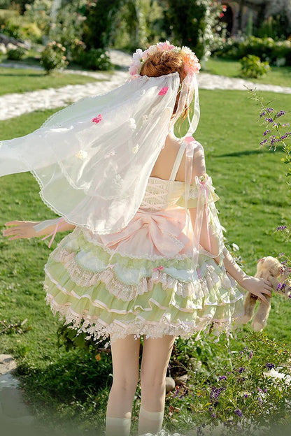 [Clôture des réservations le 10/8] Robe lolita corset à volants en dentelle florale rose x vert doux + ensemble complet (coiffe couronne florale avec voile + manches amovibles)