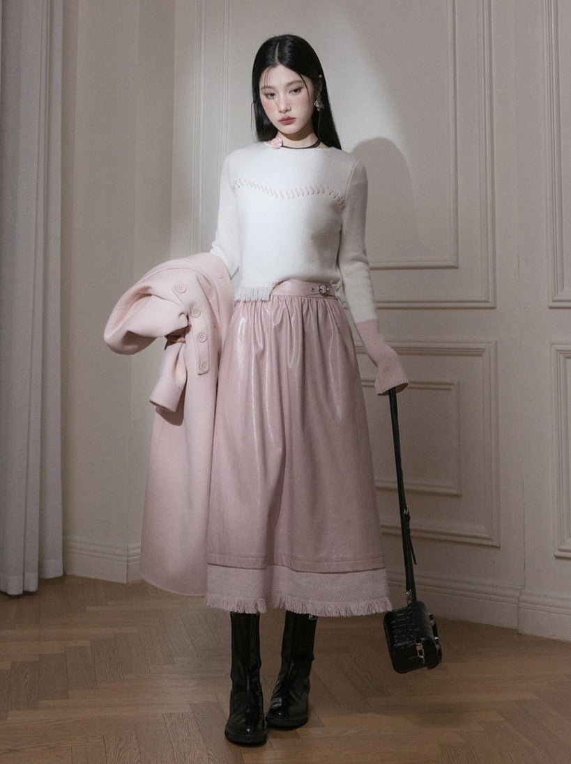 Milky Peach Sweetheart Belt Leather Long Skirt