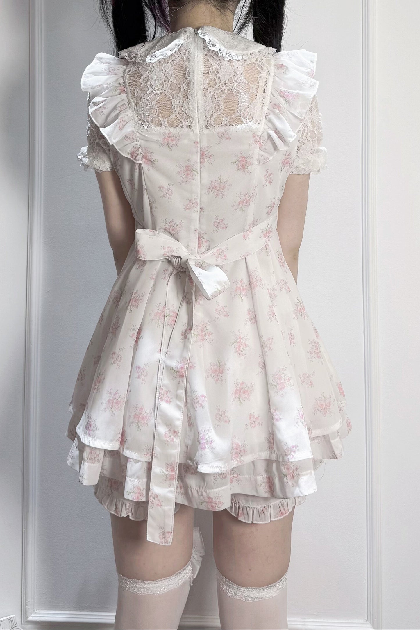 【9月2日予約締切】Romantic Pink Floral Layered Lace Dress＋Matching Shorts ＋ Bow Hairclips ＋ Bow Tie[Full set]