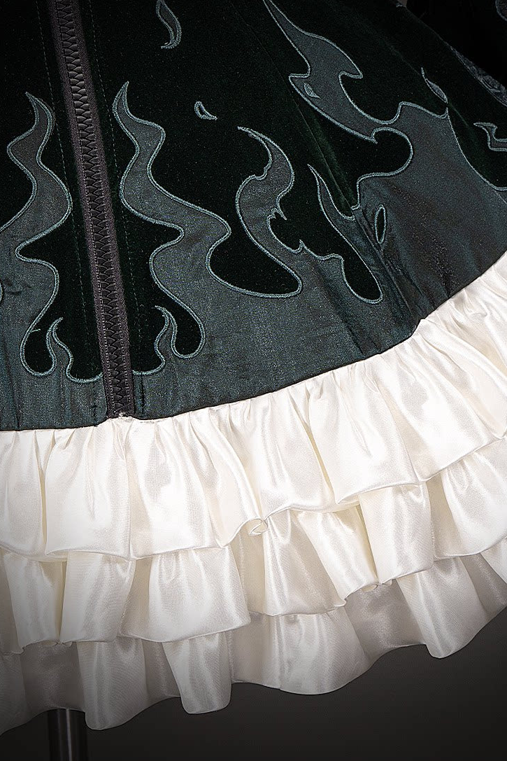 [Pre-order] Dark Green x Red Gothic Prince Velvet Flame 3D Chain Detail Ruffle Lolita Dress