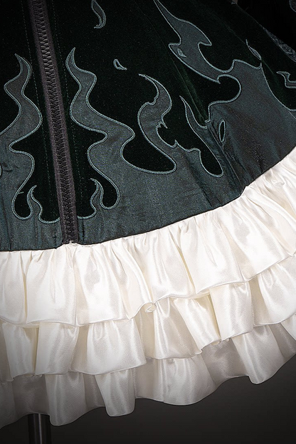 [Pre-order] Dark Green x Red Gothic Prince Velvet Flame 3D Chain Detail Ruffle Lolita Dress