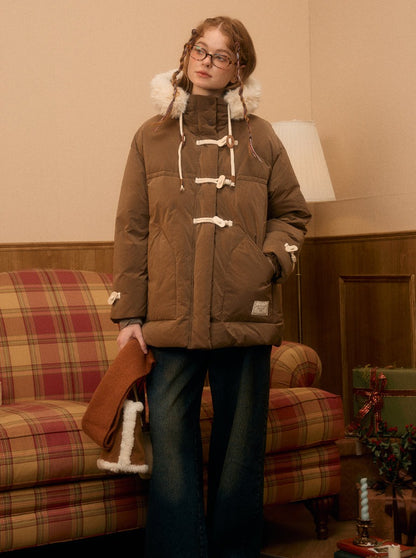 Retro Horn Button Big Fur Hooded Down Jacket