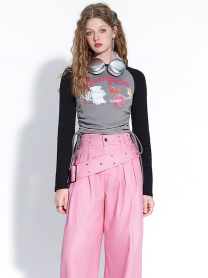Pink Draped Straight Wide Casual Pants