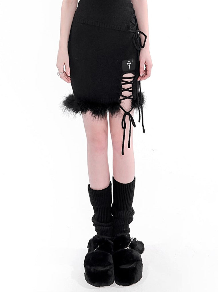 Real Feather Slit Strap Short Skirt