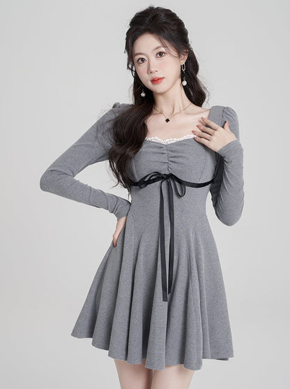 Square collar gray slim ribbon dress