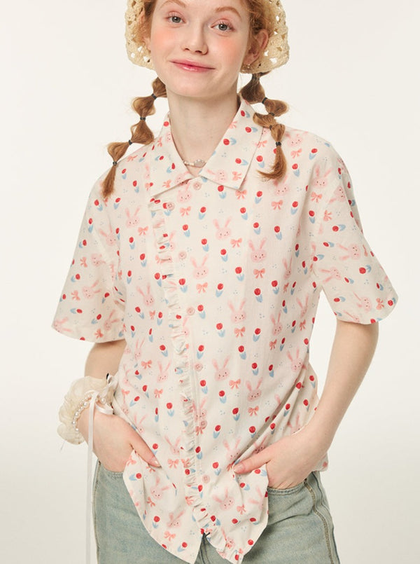 フリルレースワンポイントリボンシャツ