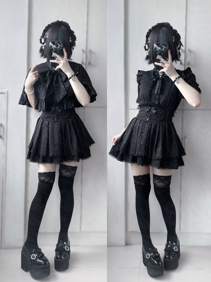 Dark cape + flared skirt