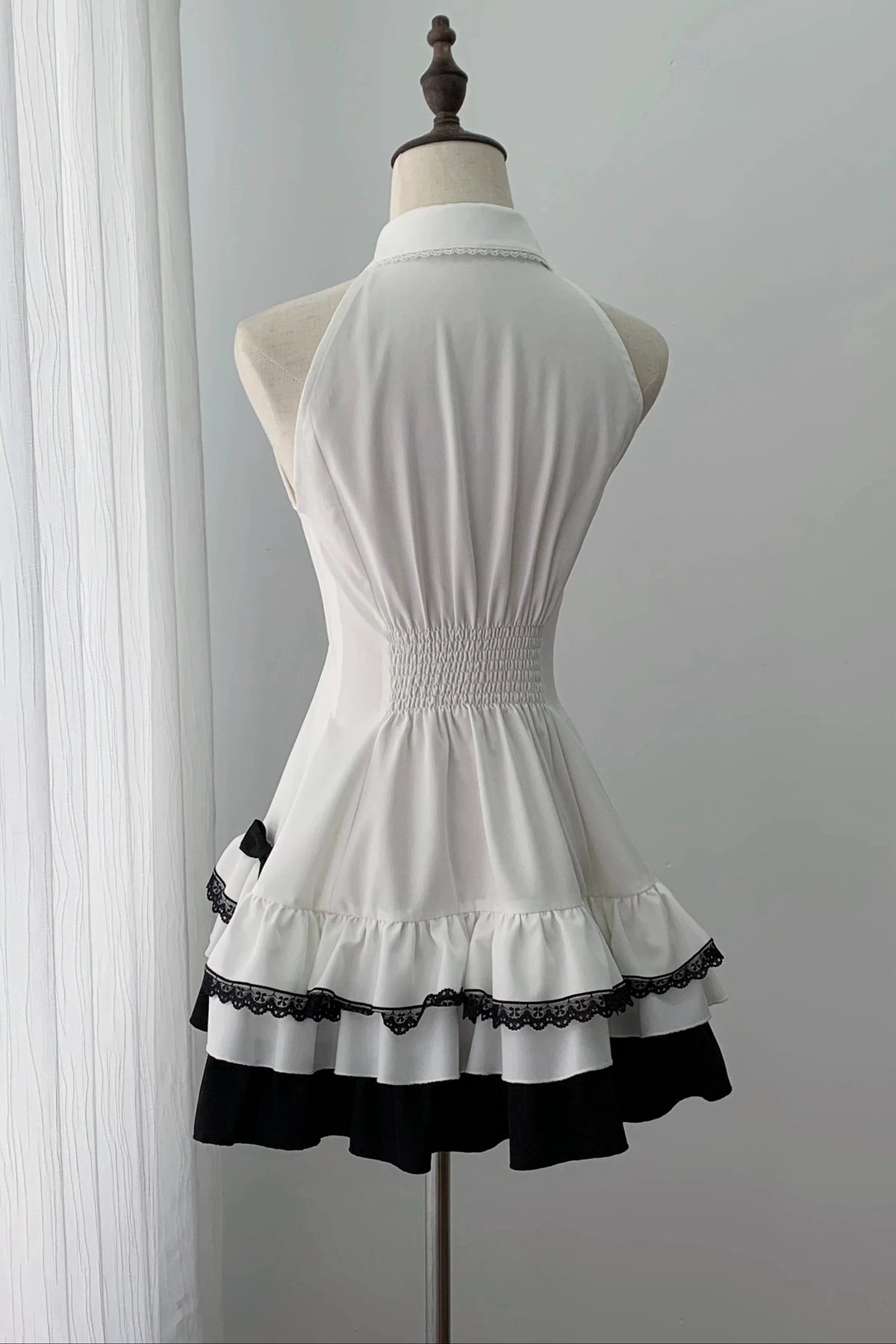 [Pre-order Deadline: October 15] Black Bow Off-Shoulder Lace Flare-Sleeve Jacket + Black and White Lace-Trim Bow Halter Dress with Tie