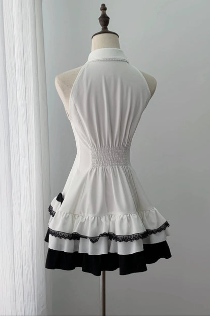 [Pre-order Deadline: October 15] Black Bow Off-Shoulder Lace Flare-Sleeve Jacket + Black and White Lace-Trim Bow Halter Dress with Tie