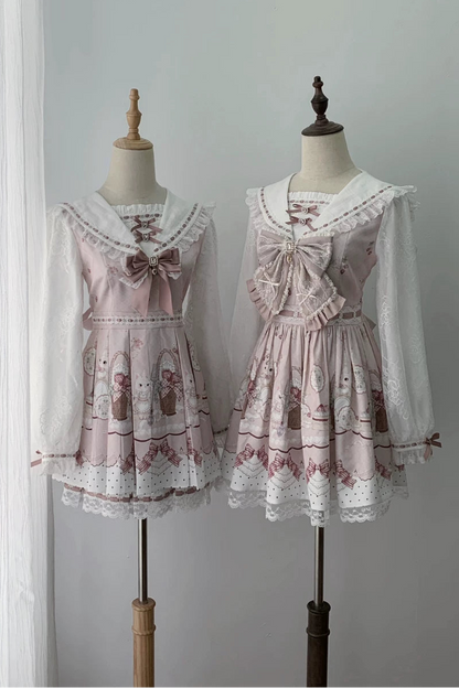 【8月30日予約締切】Pink and white rabbit print lace sailor collar Op dress +pleated dress skirt set＋ 3 Styles of Bow Tie Available