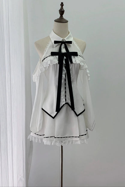[Vorbestellschluss: 1015] Weiße Gothic-Spitzenbluse mit langen Ärmeln und Cut-out-Schultern&nbsp;mit abnehmbaren Schleifen+Spitzen-Boxfaltenrock