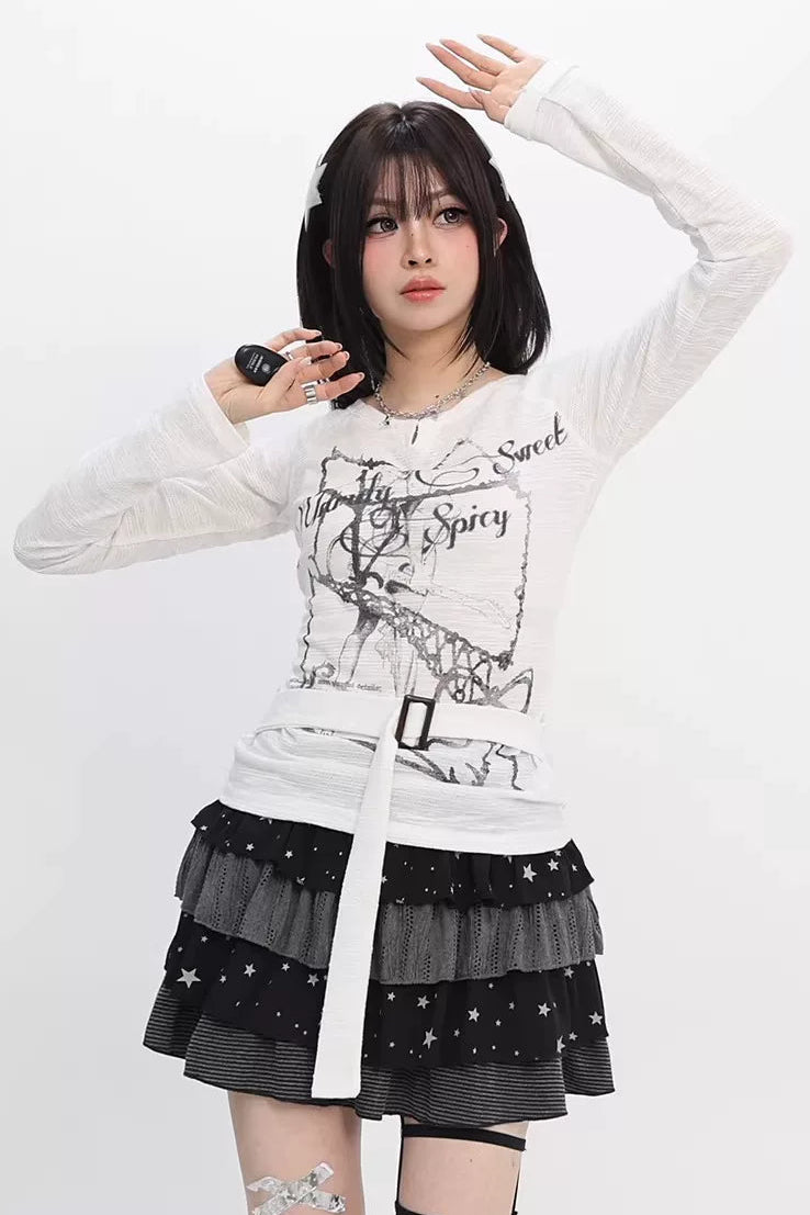 グラフィックリボンプリントトップス