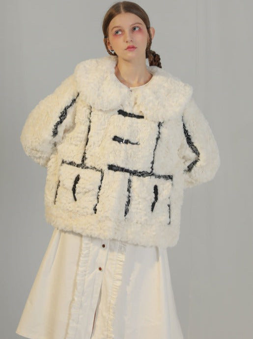 High Neck Color Jacquard Seam Fur Coat