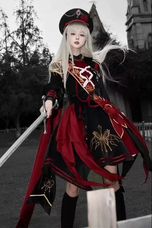 [Pre-order] Black and Red Military Gothic Lolita Asymmetrical Dress + Top + Sash + Brooch Set
