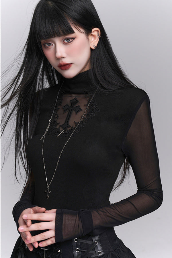 Gothic Style Sheer Cross Tops