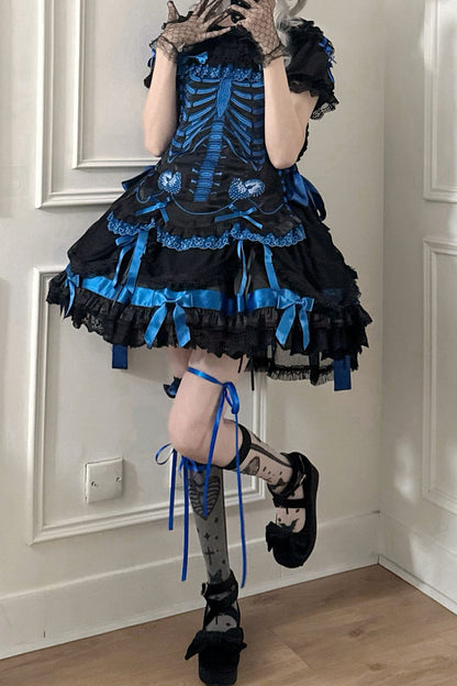 【11月4日予約締切】Blue-Black/Red-Black/Purple-Black Gothic Lolita Puff-Sleeve Lace Bow Doll Dress With Bone Embroidery Apron