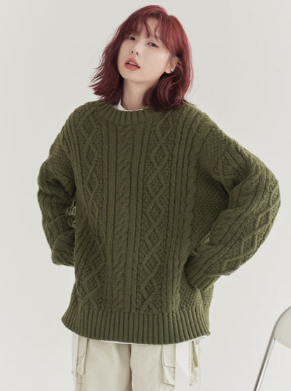 Twist Pattern Round Neck Sweater Loose Top