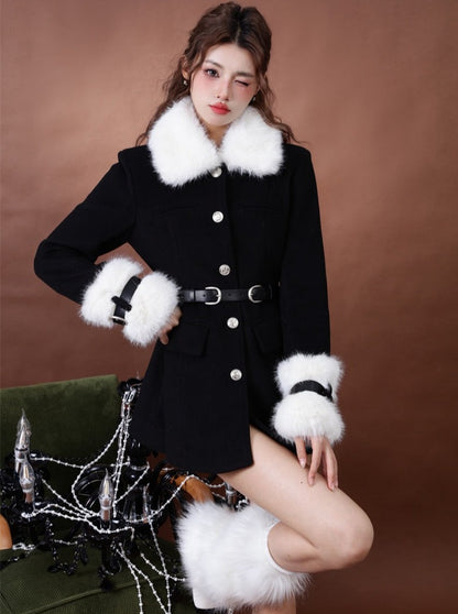 Rich Lady Style Fur Mid Length Waist Wool Coat