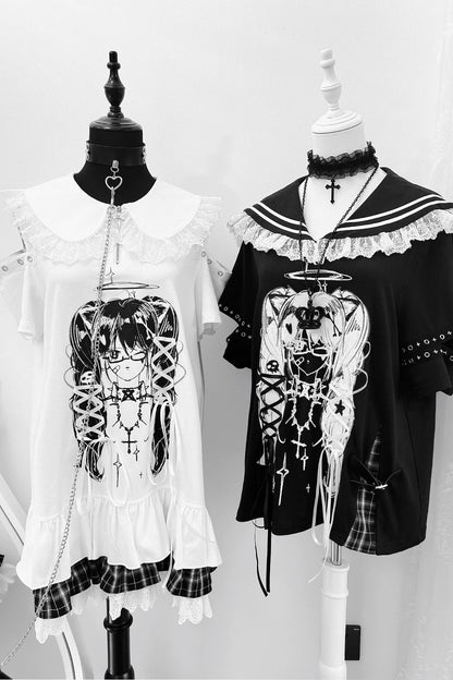 Lala-chan White Nights original design subculture print off-the-shoulder tie dress girly sweet and cool outfit