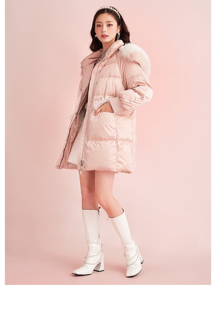 Pink Mid Length Fox Fur White Duck Down Jacket