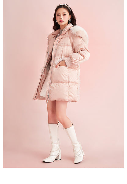 Pink Mid Length Fox Fur White Duck Down Jacket