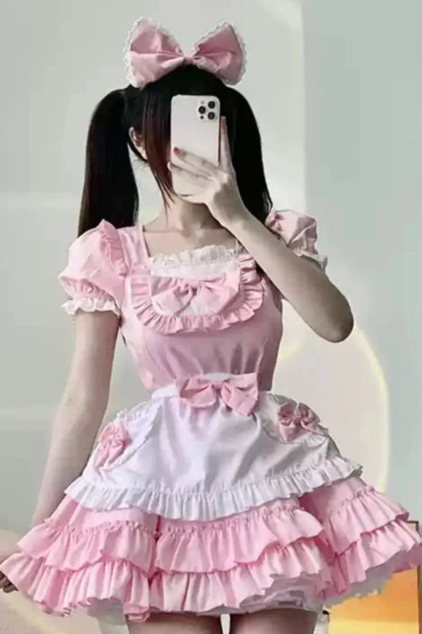 Short Sleeve Pink Maid Dress Set