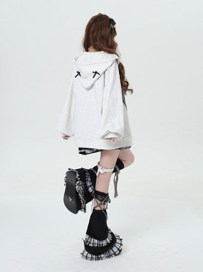 Dark Ribbon Design Loose Hooded Zip Hoodie