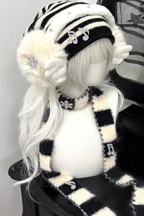 Striped knit hat + ear muffs + scarf