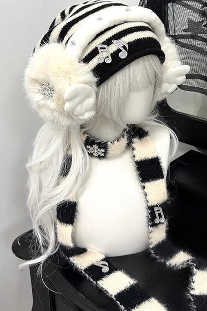 Striped knit hat + ear muffs + scarf