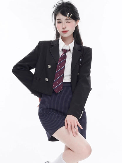 Korean Preppy Style Tailored Jacket-Shirt-Skirt 3-Piece Set