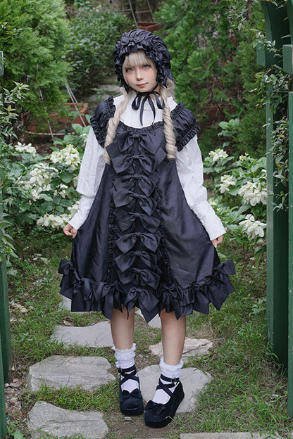 [November 15 Reservation Deadline] Black Gothic Doll-Style Front-And-Back Two-Way Ruffle Ribbon Lolita Dress (Short/Long) + Matching Shorts (Short/Long) + BB Hat