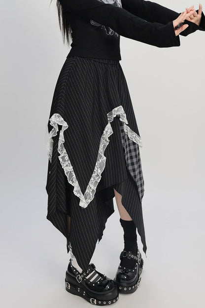 パッチワークアシメストライプチェックレーススカート