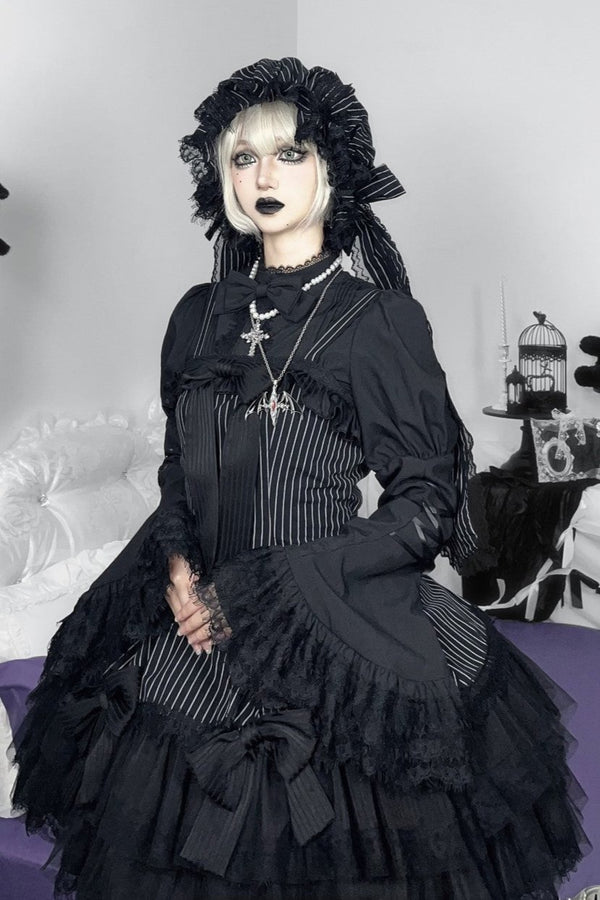 ラビットダークゴシックホワイトブラックストライプケープドレスフルセット