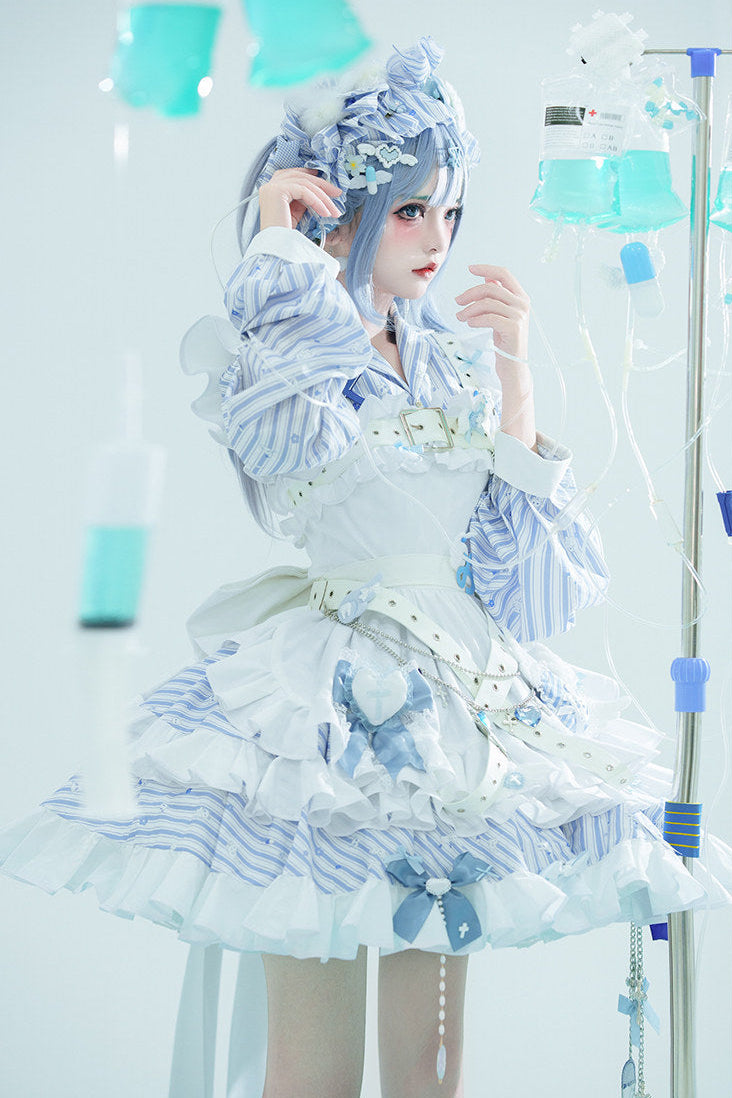 【11月5日予約締切】Blue White Striped Medical Lolita Nurse Sickly Kawaii Dress Suit Full Set (Shirt + Skirt + Apron + Back Ribbon + Leg Covers)