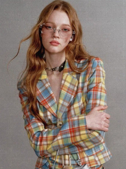 Retro Check Waist One Button Blazer Irregular Skirt Suit