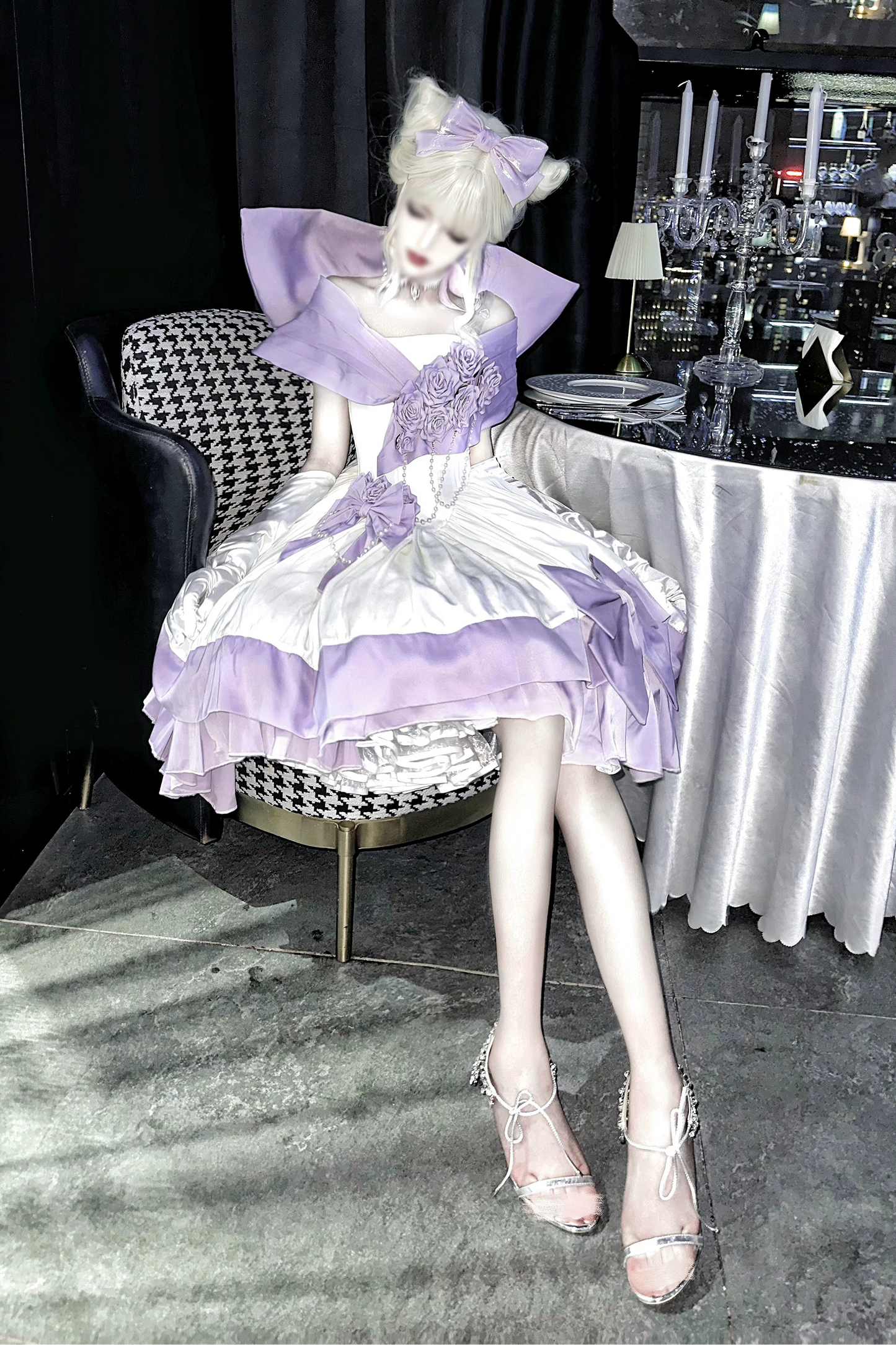 [Vorbestellfrist 28. Juni] Lila-weißes schulterfreies Princess-Lolita-Kleid mit Rosenband + Komplettset + Accessoires