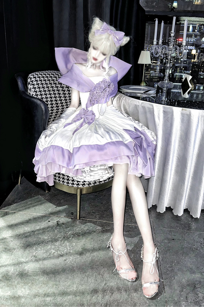 [Vorbestellfrist 28. Juni] Lila-weißes schulterfreies Princess-Lolita-Kleid mit Rosenband + Komplettset + Accessoires