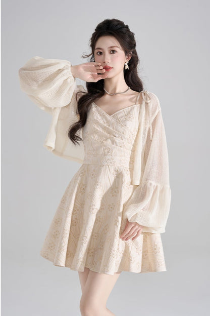 Vestido francés con cuello halter y escote en V + Camisa + Cárdigan