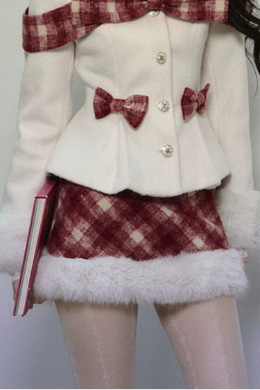 Check Ribbon Coat + Fur Check Skirt